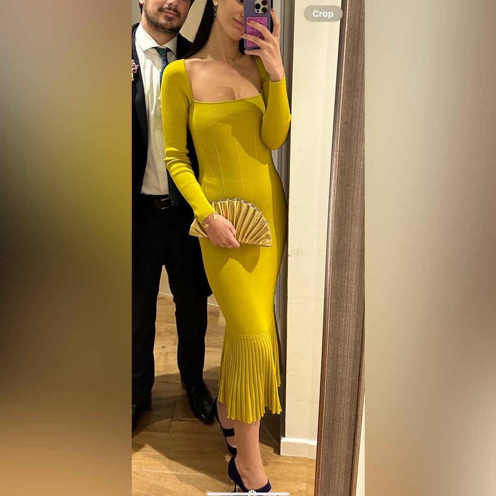 Olive-Gold Square Neck Midi Dress - Picture 7 of 7